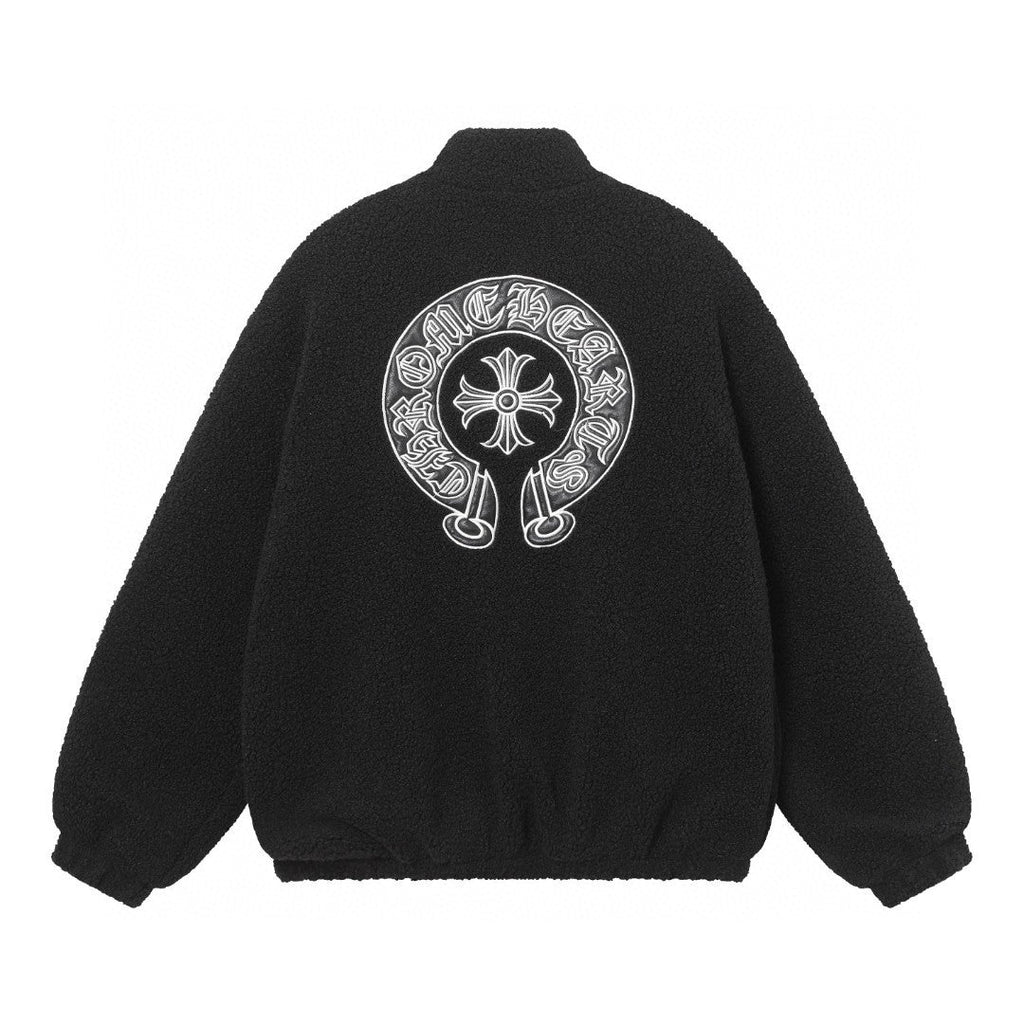 Chrome-Hearts Horseshoe Embroidered Sherpa Jacket - Black Cream Gothic Coat 825